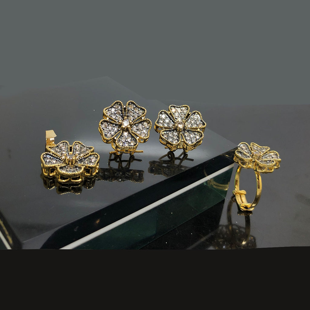 Elegant Gold-Plated Flower Locket Set with Crystal Accents