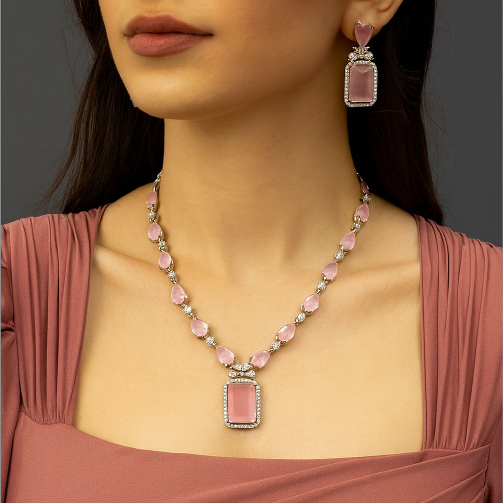 Elegant American Diamond Necklace Set With Silver Accents