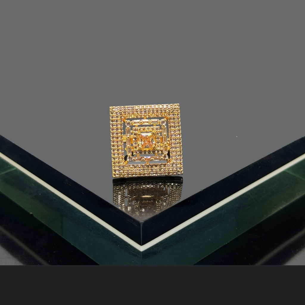 Elegant Square Stone-Studded Adjustable Ring - Silver & Gold