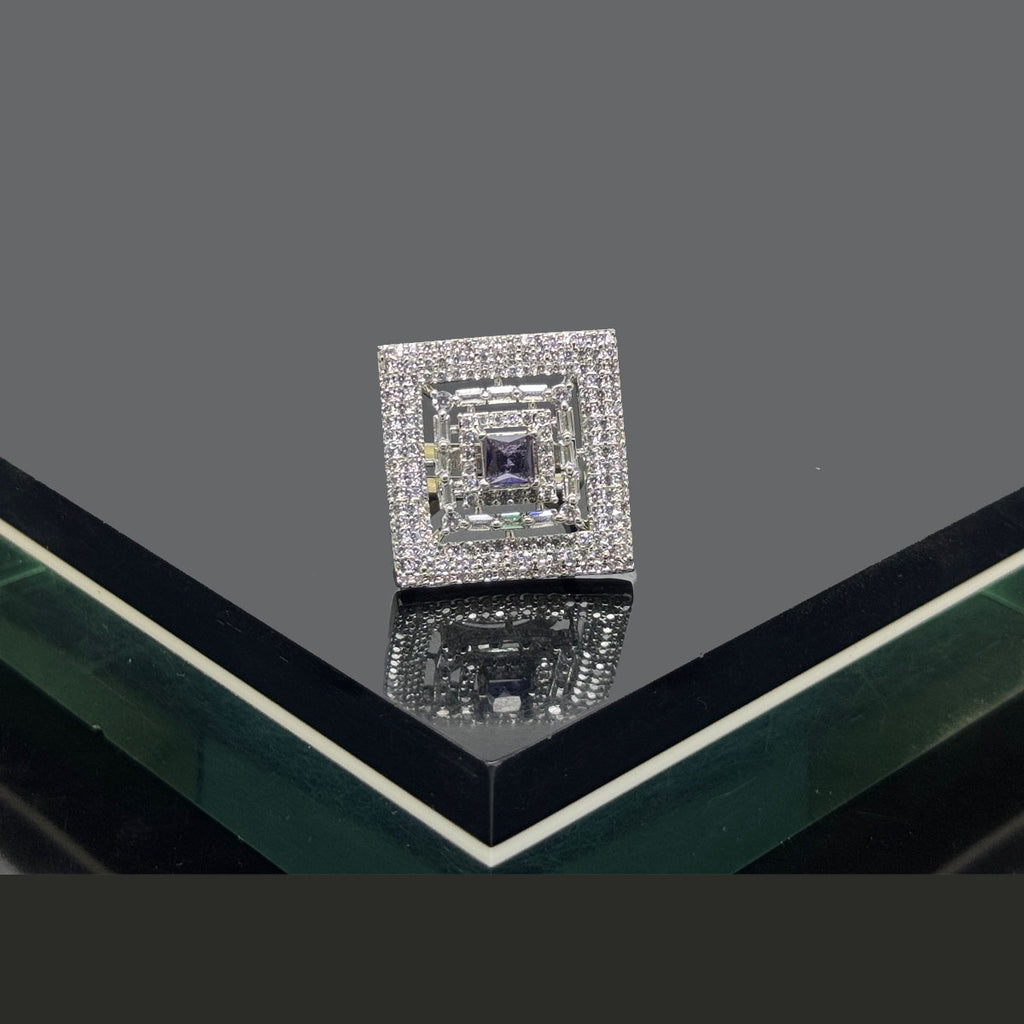 Elegant Square Stone-Studded Adjustable Ring - Silver & Gold