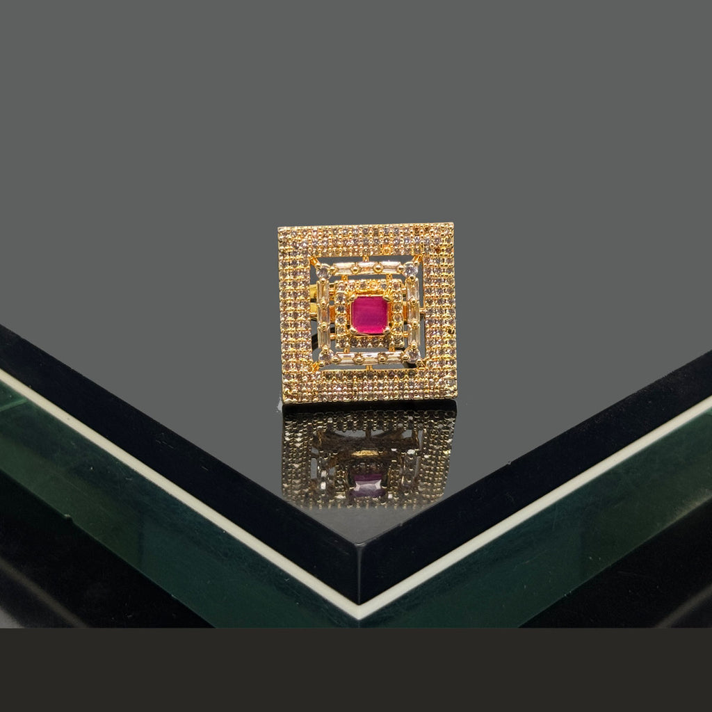 Elegant Square Stone-Studded Adjustable Ring - Silver & Gold
