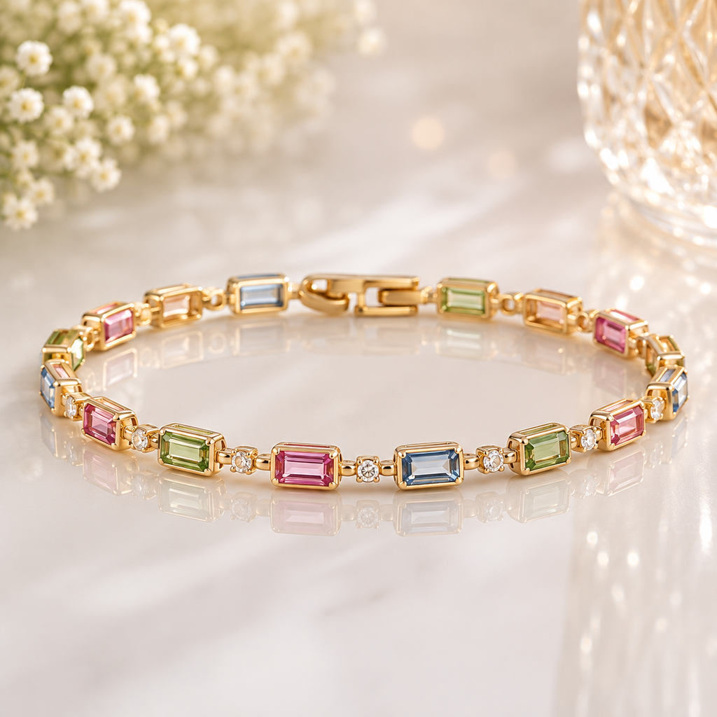 Elegant gold-tone multicolor crystal link bracelet with pink blue and green rectangular stones
