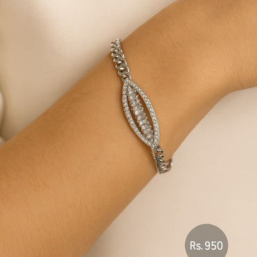 Silver-tone oval link bracelet with cubic zirconia detailing on wrist – Destiny.pk