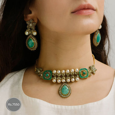 Turquoise and pearl choker set with matching statement earrings – Destiny.pk