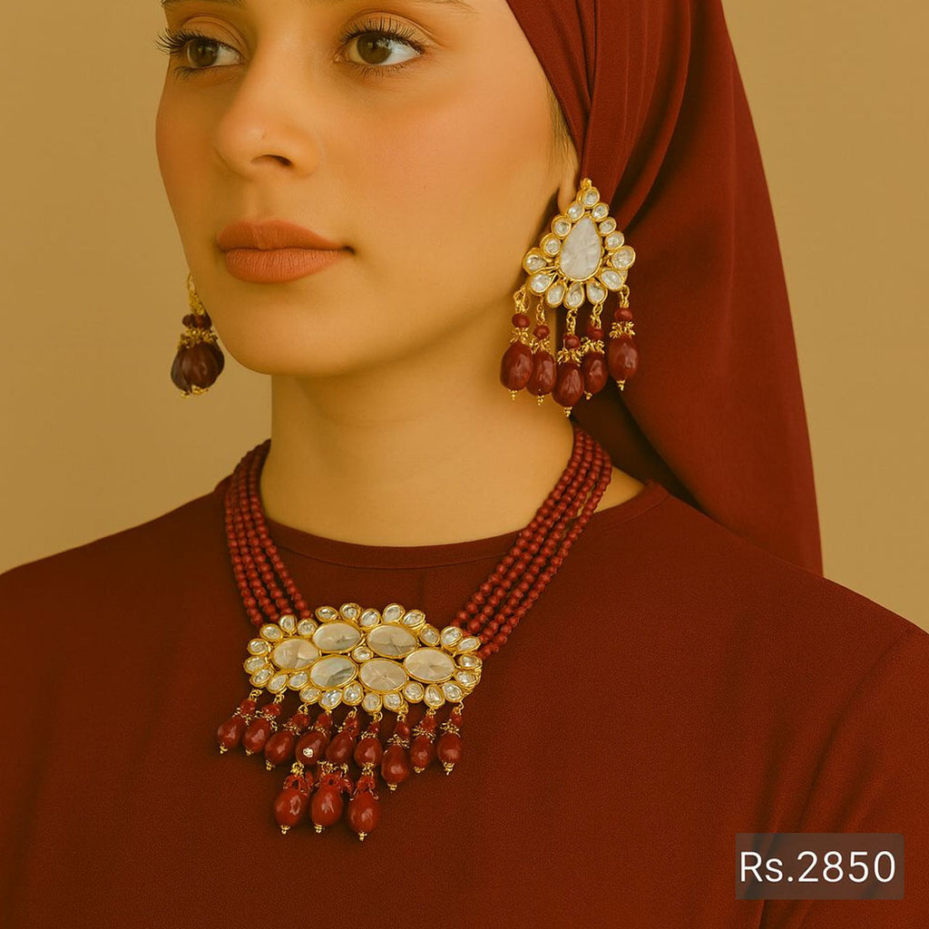 Kundan glass stone choker set with earrings & green beads – Destiny.pk (Available in Mehroon, White, Green)
