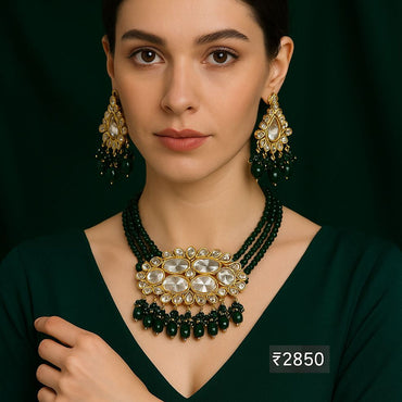 Kundan glass stone choker set with earrings & green beads – Destiny.pk (Available in Mehroon, White, Green)