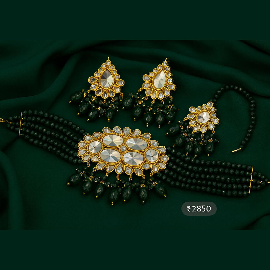 Kundan glass stone choker set with earrings & green beads – Destiny.pk (Available in Mehroon, White, Green)