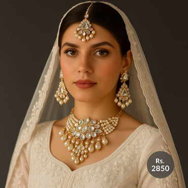 Kundan glass stone choker set with earrings & green beads – Destiny.pk (Available in Mehroon, White, Green)