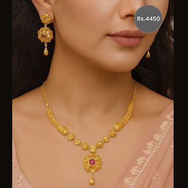 Gold-tone floral necklace set with ruby stone centerpiece and matching earrings – Destiny.pk