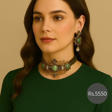 Antique gold choker set with green cabochon stones & matching earrings – Destiny.pk.