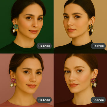 Floral stone earrings with teardrop accent in blue, green, pink & maroon – Destiny.pk