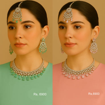 American Diamond bridal necklace set with earrings & maang tikka in green and pink – Destiny.pk.