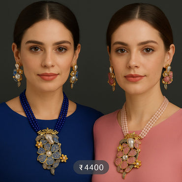 Floral pearl & stone beaded necklace set with matching earrings in Blue and Pink – Destiny.pk.