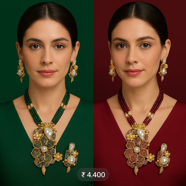 Floral pearl & stone beaded necklace set with matching earrings in Blue and Pink – Destiny.pk”