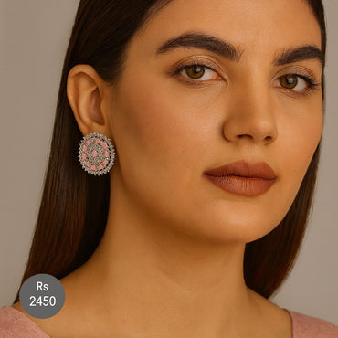 Pink enamel & silver-tone round stud earrings with sparkling stones – Destiny.pk