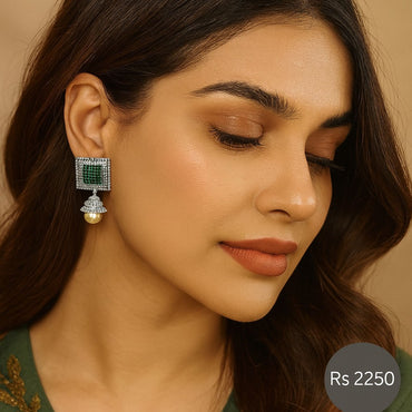 Emerald green square stud earrings with pearl drop in silver-tone – Destiny.pk.