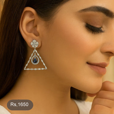 Triangle crystal drop earrings with sapphire-style accent – Destiny.pk