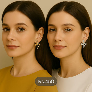 Crystal bow-shaped stud earrings in gold and silver – Destiny.pk