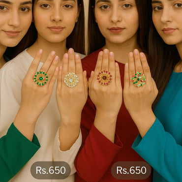 Gold plated Fershi kundan adjustable rings in green, white, red & multi stones – Destiny.pk