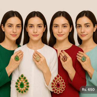 Gold plated kundan teardrop adjustable rings in green, white, red & aqua – Destiny.pk