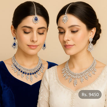 Bridal crystal necklace set with earrings and maang tikka in blue & white – Destiny.pk