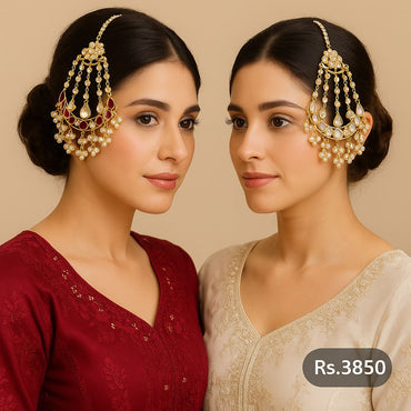 Gold plated bridal passa jhoomar with kundan stones & pearls in red and white – Destiny.pk