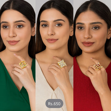 Fershi kundan adjustable floral ring in green, white & red with gold plating – Destiny.pk