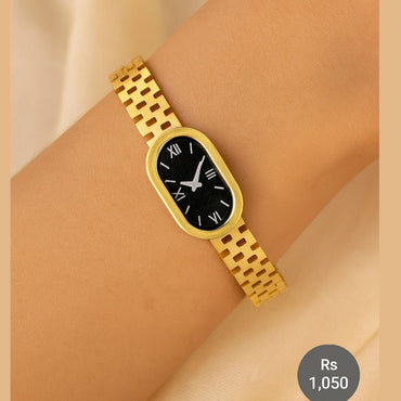 Gold-tone bracelet watch with black oval dial and Roman numerals – Destiny.pk