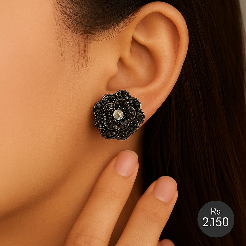 Black floral stud earrings with sparkle stone center – Destiny.pk