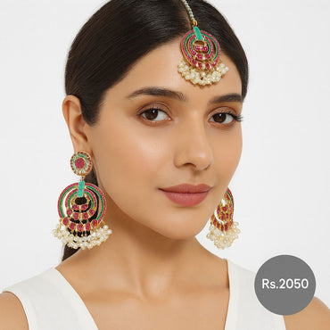 Multicolor chandbali earrings with matching maang tikka and pearl drops – Destiny.pk