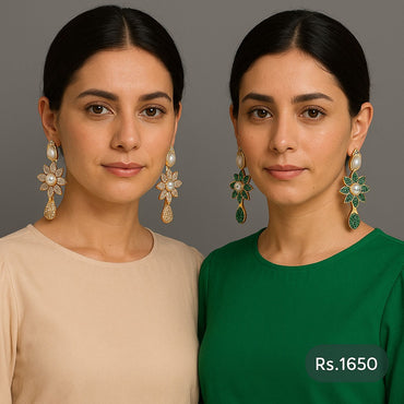 Pearl & crystal floral drop earrings in white and green variants – Destiny.pk