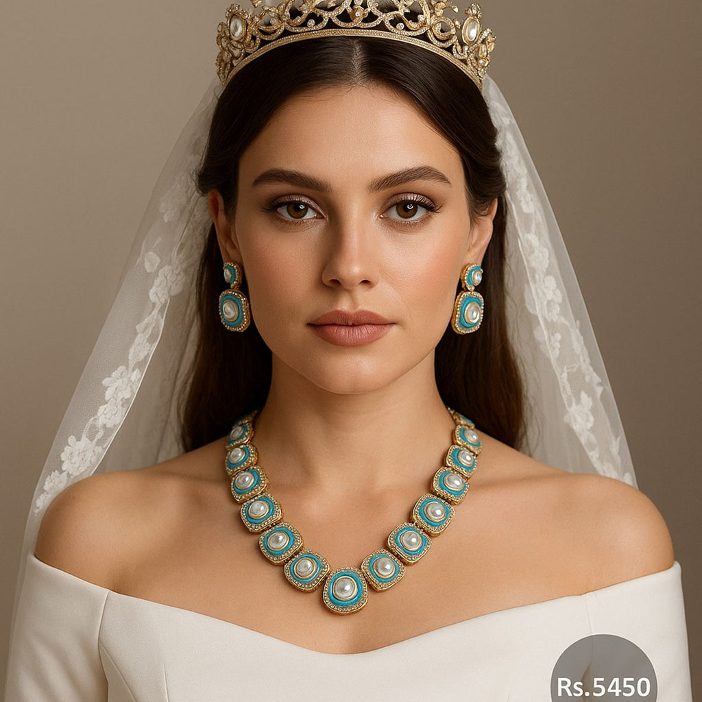 Turquoise & pearl bridal necklace set with matching earrings – Destiny.pk