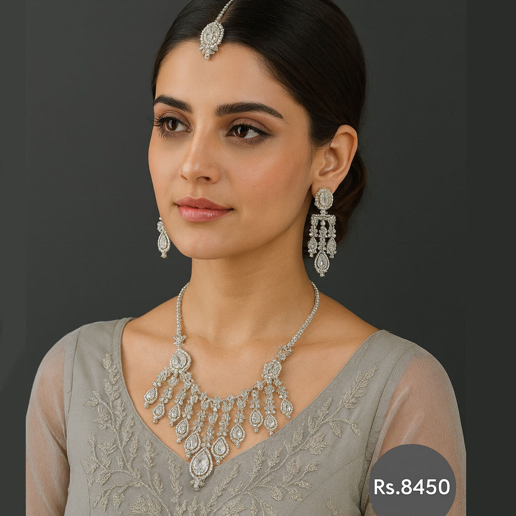Silver Spark Bridal Necklace Set with matching earrings & maang tikka – Destiny.pk
