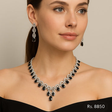 Black stone drop necklace set with matching earrings – Destiny.pk