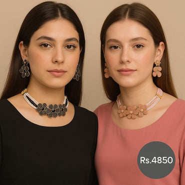 Floral beaded choker necklace set with earrings in black and pink variants – Destiny.pk