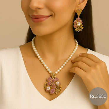 Floral pearl pendant necklace set with matching earrings – Destiny.pk