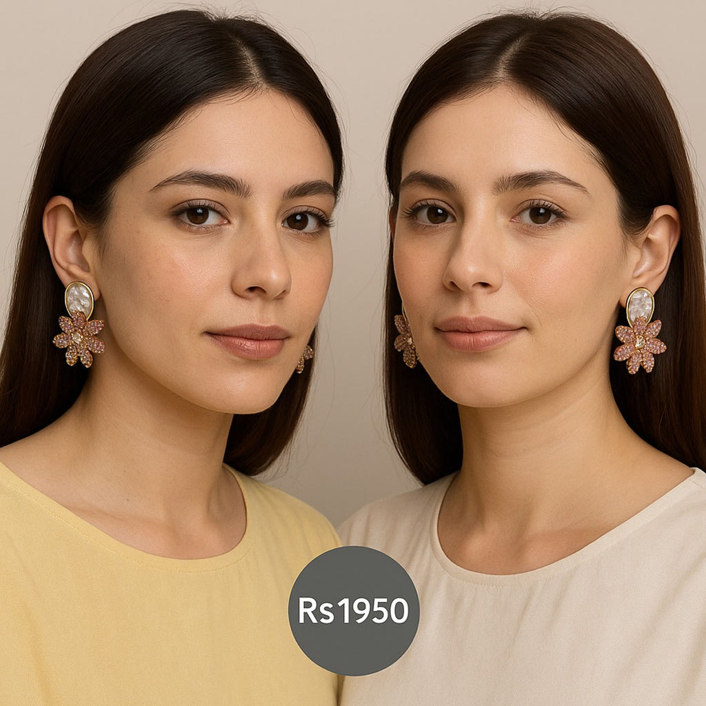 Floral stud earrings with pearl center in multiple colors – Destiny.pk