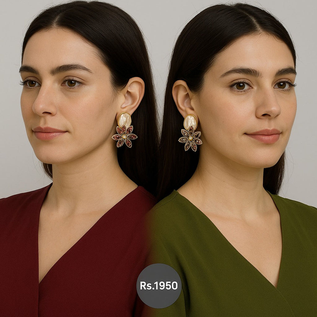 Floral stud earrings with pearl center in multiple colors – Destiny.pk