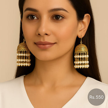  Golden Pearl Jhumka Earrings – traditional dome design with pearl layers