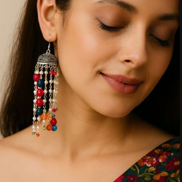Colorful Beaded Jhumka Earrings with multi beads and pearls