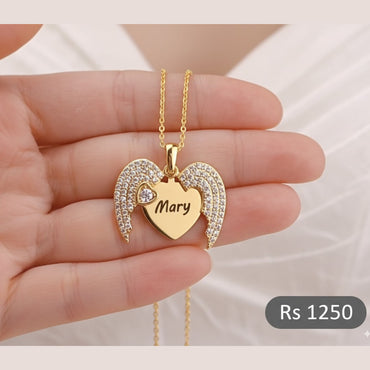 Angel Wings Heart Pendant Necklace with custom name engraving
