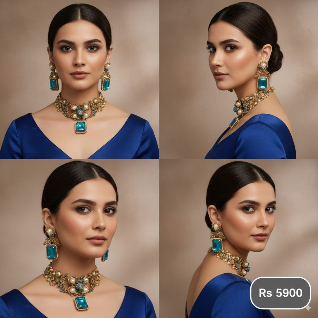 Royal Blue Stone & Pearl Choker Necklace Set with Earrings
