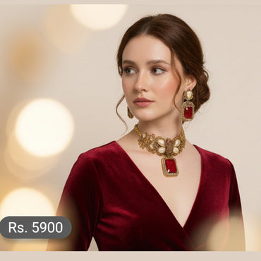 Red Stone & Pearl Choker Necklace Set with Earrings