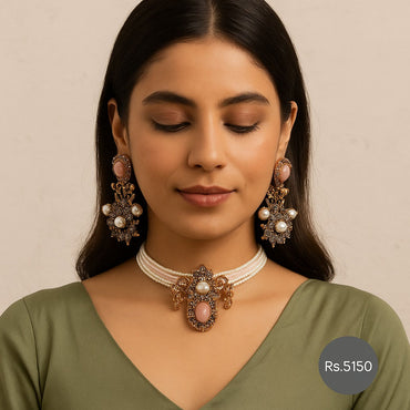 Pink stone pearl choker set with matching earrings