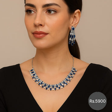Blue sapphire crystal necklace set with matching earrings.