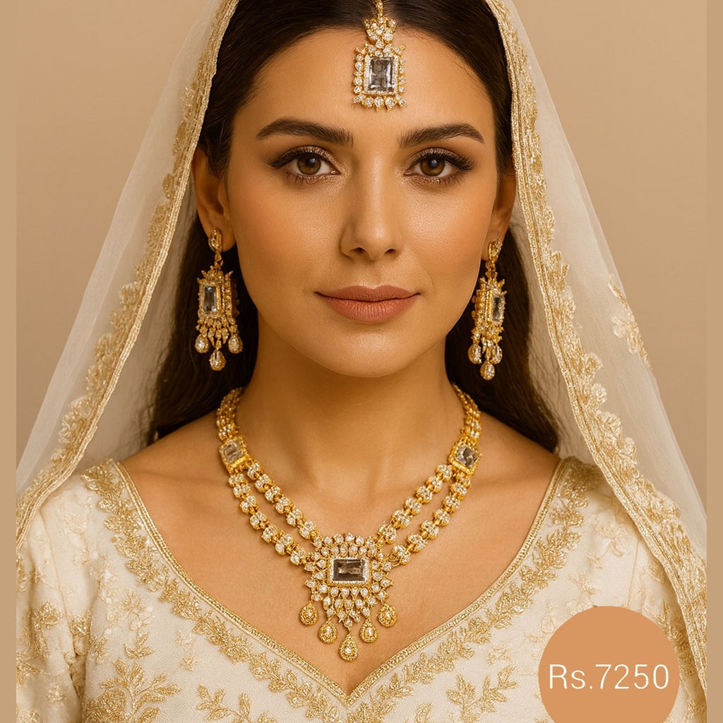Bridal kundan jewelry set with necklace, earrings, and maang tikka