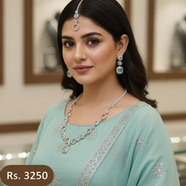 Aqua crystal necklace, earrings, and maang tikka jewelry set