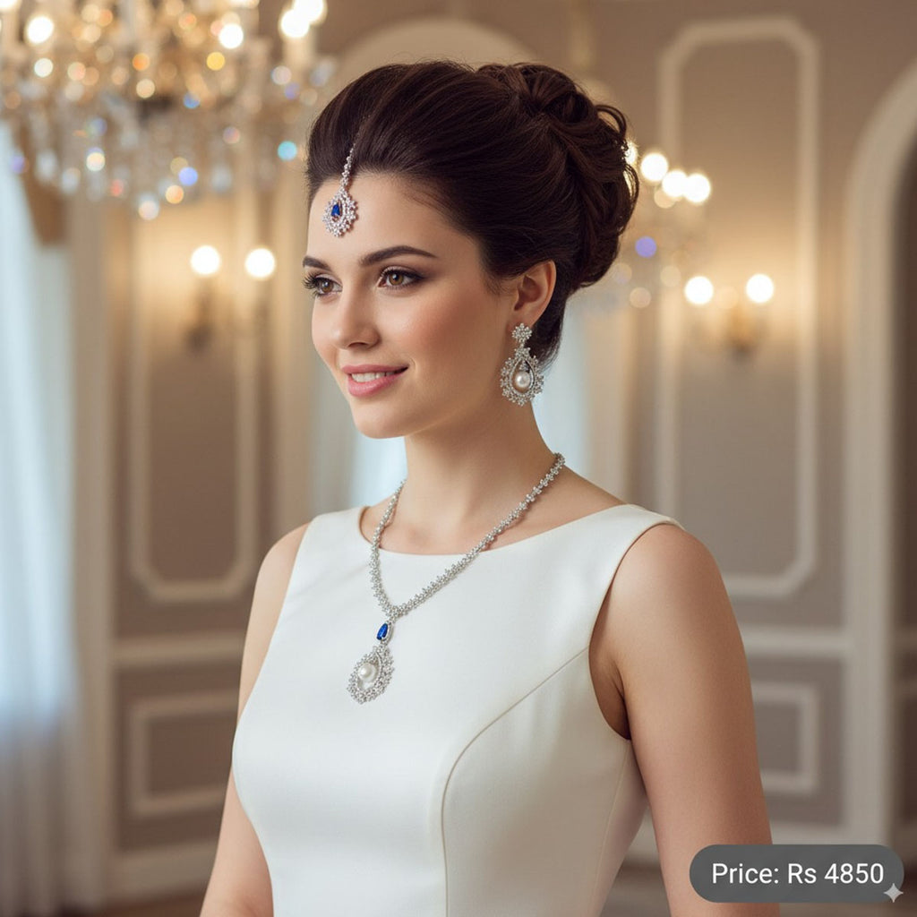 Silver & Blue Bridal Necklace Set with Earrings & Maang Tikka – Rs. 4850 – destiny.pk