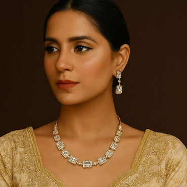 Elegant Gold-Tone Bracelet & Earring Set with Square White Stones – Rs. 1850