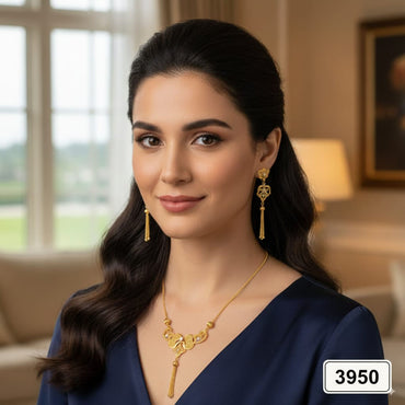 Elegant gold-plated necklace set with matching tassel earrings, priced Rs. 3950